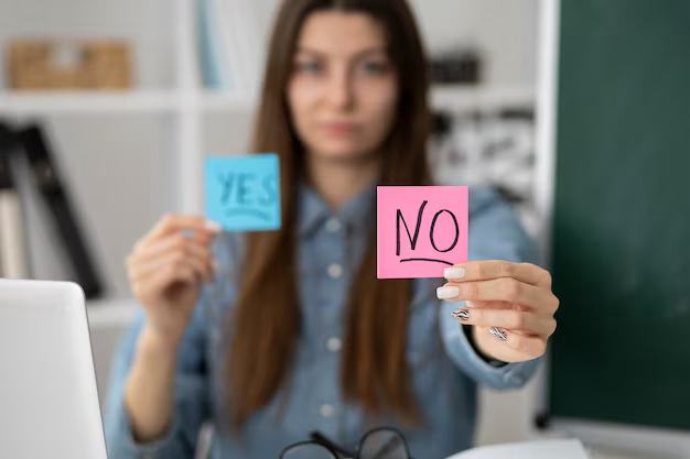 Woman holding stickers with words yes and no
