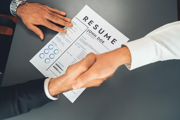 Two people shaking hands over a resume form